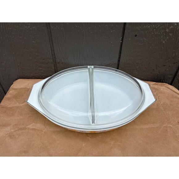 Pyrex Divided Town & Country Casserole Dish Lid Orange Yellow Starburst 1.5 QT - Picture 2 of 14